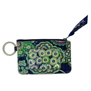 Vera Bradley Floral Cobalt Blue Zip ID Case Key Ring Coin Purse Wallet